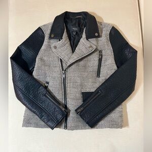 Mango Moto Jacket Tweed Faux Leather Sleeves Mixed Media Asymmetrical Zip Chic